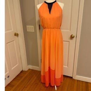 Romeo and Juliet Couture peach maxi dress with pleated skirt and navy detail